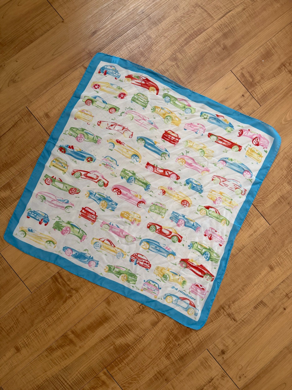 Vintage BMW Z4 Roadster Car Print Silk Scarf with Blue Border